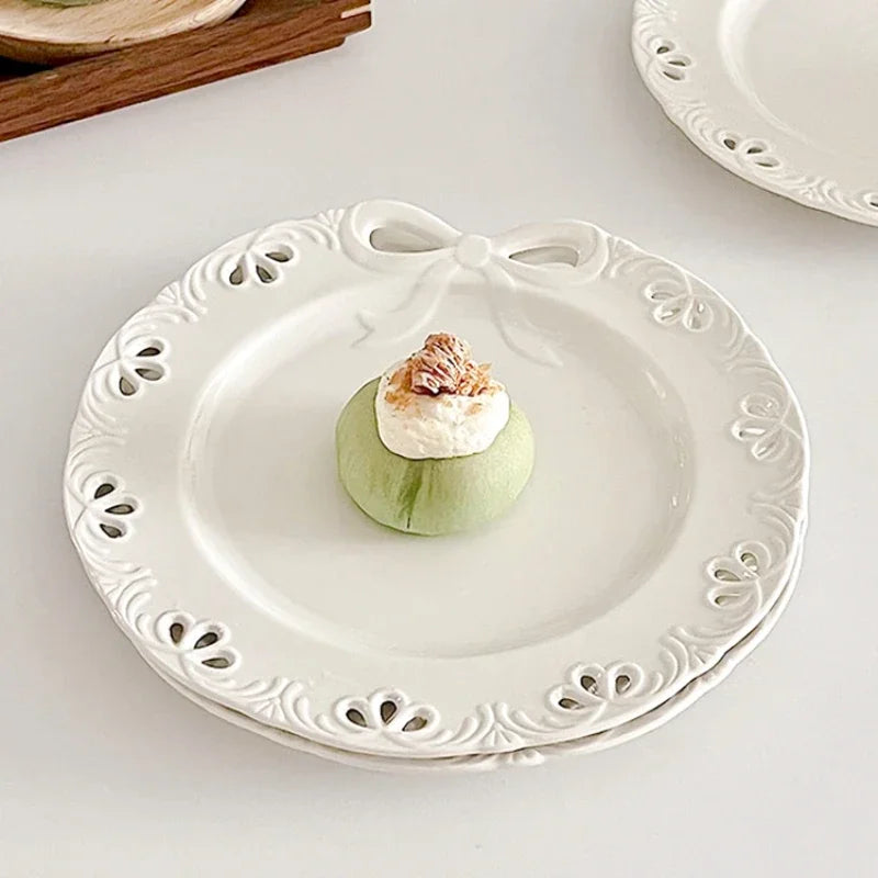 YOUMIKA  -  Bow Plate Home Pasta Western Cuisine Plate Minimalist Cake Dessert Ceramic Plate Kitchen Plates Sets