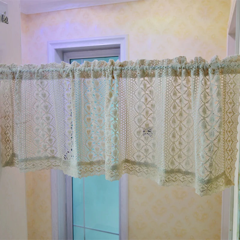 YOUMIKA  -  Handmade Crochet Valances Beige Macrame Kitchen Cafe Short Curtains Chic Hollow Window Treatment Panel for Living Room & Bedroom