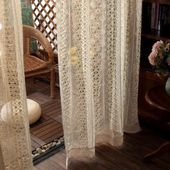 YOUMIKA  -  Boho Chic Beige Crochet Knitting Curtains for Bedroom Cotton Linen Hollowed Retro Farmhouse Patio Window Drapes