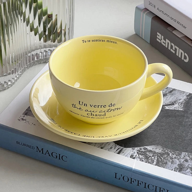 YOUMIKA  -  Retro Milk Yellow French Coffee Cup Plate Breakfast Cup Ceramic Tableware Afternoon Tea Cup