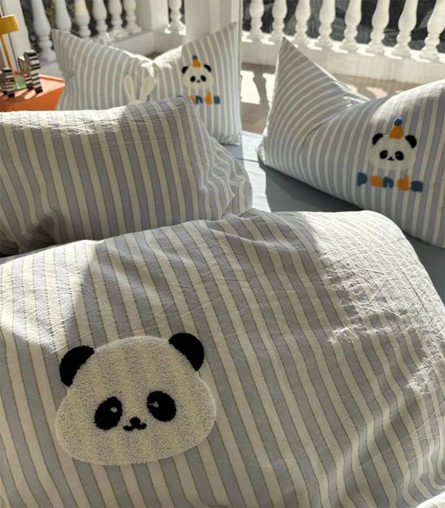 YOUMIKA  -  Cute cartoon embroidery panda bedding set,twin full queen king blue stripe cotton home textile bed sheet pillow case quilt cover