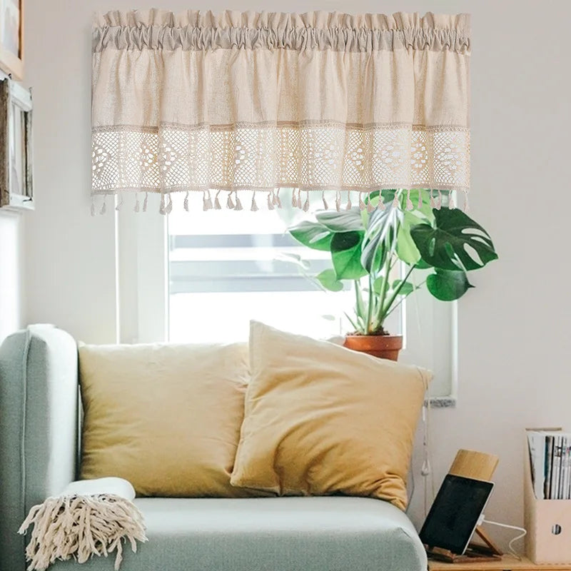 YOUMIKA  -  Boho Short Curtains Linen Textured Cafe Curtain with Tassels Rod Pocket Window Curtain for Kitchen Over Sink Living Room Bedroom