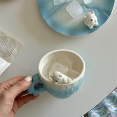 YOUMIKA  -  Cute Handmade Niche Ceramic Coffee Cup with Polar Bear Ice Surface Design Feeling Cup Coffee Mug