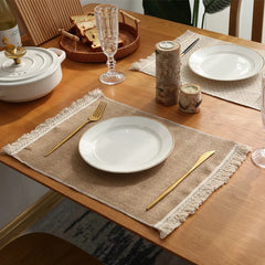 YOUMIKA  - Farmhouse Placemat Set for Dining Table, Cotton Linen Mats with Tassels, Woven Home Decor, Kitchen and Dining Room, 221690HTR