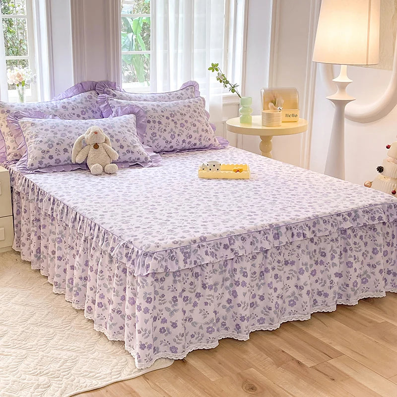 YOUMIKA  -  Purple Floral Bed Skirt Set Lace Bedspread Home Textile Flowers Bed Skirt Bedroom Coverlets Bedspreads Sheets Dust Cover Bedding