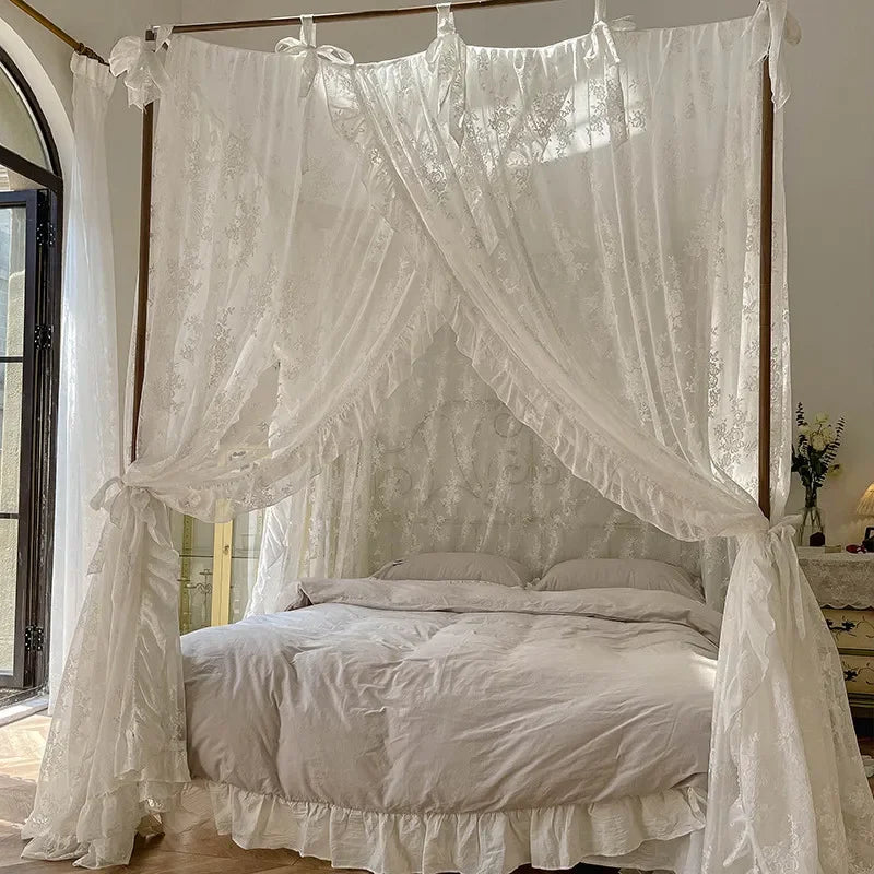 YOUMIKA  - White Lace Jacquard Princess Girls Bed Curtains Canopy Bed Square Court Mosquito Textile Netting Mesh Net for King Bed, H210cm