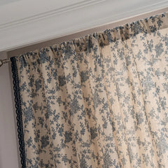 YOUMIKA  -  Cotton Linen Blue Flower Curtains Rural and Pastoral Style Curtain with Blue Lace Bedroom and Living Room