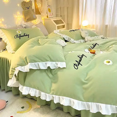 YOUMIKA  -  Korean Princess Bedding Set For Girls Ruffle Double Duvet Cover Set Linen Bed Full Fitted Skirt Sheet Pillowcase Queen King Size