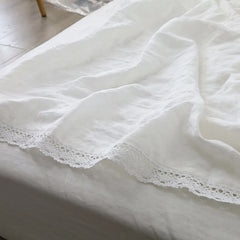 YOUMIKA  -  100% French Linen Sheet with Lace Edge Stone Washed Pure Linen Bed Flat Sheet 1 Piece Breathable Natural Flax White Linen Sheets