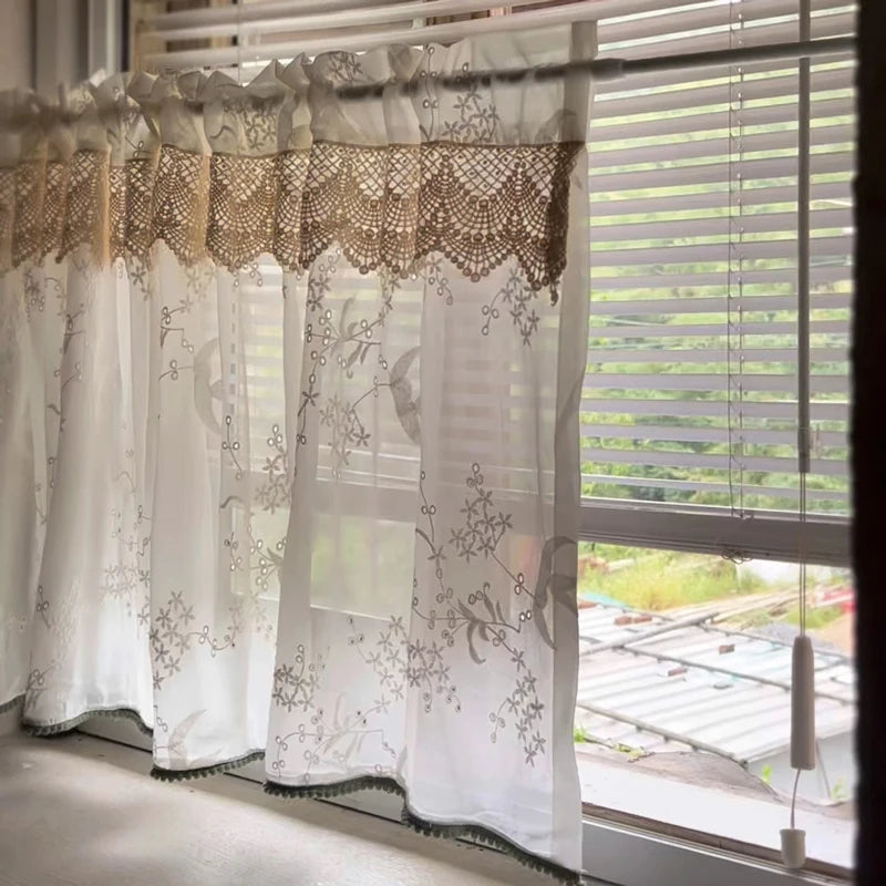 YOUMIKA  -  Lace Tier Curtains Floral Embroidery Short Curtain Panels Rod Pocket Semi Sheer Curtains for Bedroom Living Room Kitchen Windows