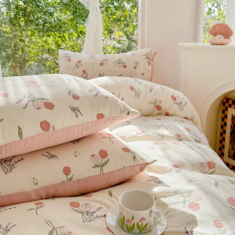 YOUMIKA  -  Fresh Plant Flower Bedding Set Pink Floral Duvet Cover Soft Wash Cotton Home Textiles Pillowcase Sheet Girls Adults Bed Linens