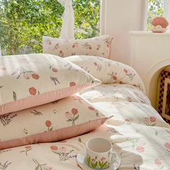 YOUMIKA  -  Fresh Plant Flower Bedding Set Pink Floral Duvet Cover Soft Wash Cotton Home Textiles Pillowcase Sheet Girls Adults Bed Linens