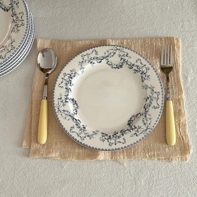 YOUMIKA  -  French Floral Lace Blue Ceramic Brunch Breakfast Disc Ceramic Plate Italian Pasta Plate