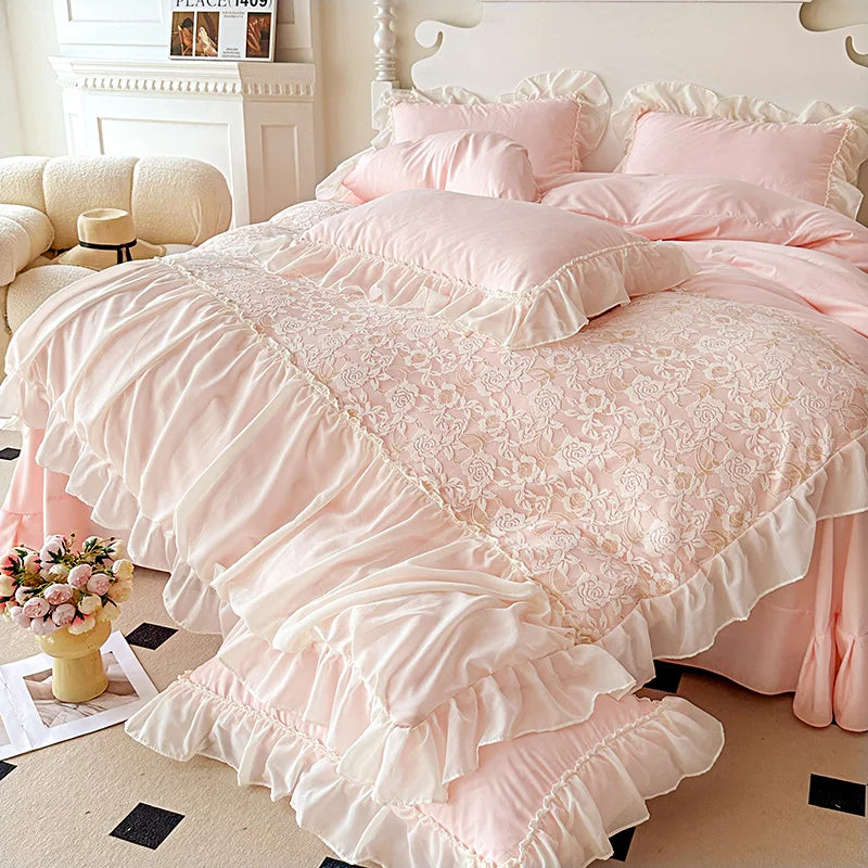 YOUMIKA  -  Korean Princess Bedding Set Hollow Lace Patchwork Solid Color Lace Ruffle Duver Cover Set Luxury Girls Wedding Home Textiles