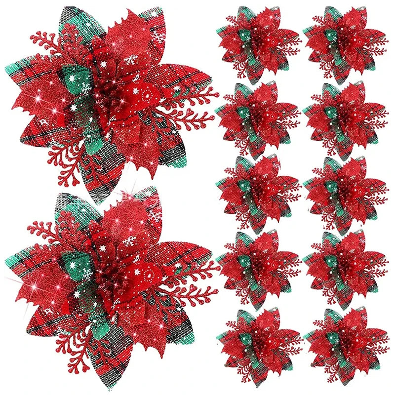 YOUMIKA  -  5pcs 14.5cm Glitter Artifical Christmas Flowers Mreey Christmas Tree Decoration Happy New Year Ornaments Xmas Fake Flowers natal