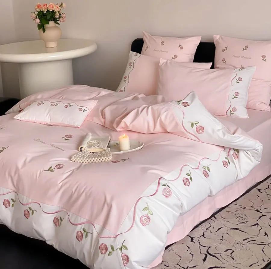 YOUMIKA  -  Romantic pink embroidery rose bed set single double,twin full queen king cotton home textile bed sheet pillow case quilt cover