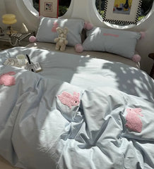 YOUMIKA  -  Cute towel embroidery rabbit blue pink bedding set,full queen king sand cotton home textile bed sheet pillow case quilt cover