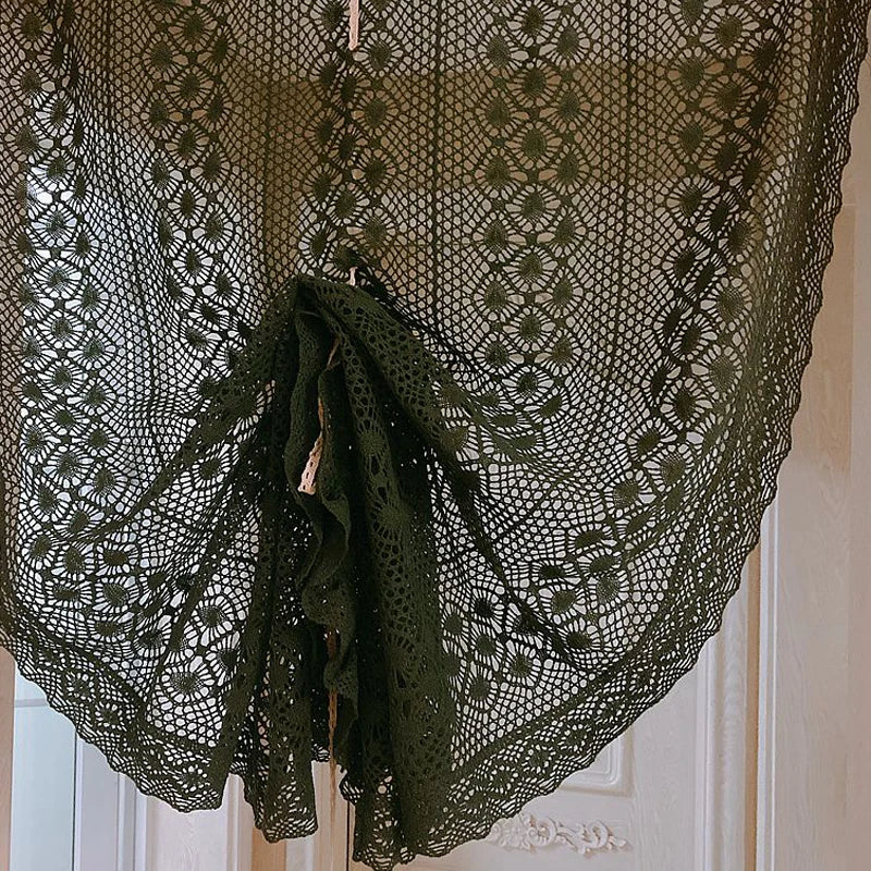 YOUMIKA  -  Boho Sheer Curtain Valance Crochet Lace Tie-Up Roman Balloon Curtain with Hollow Knitted Farmhouse Kitchen Cafe Window Treatment