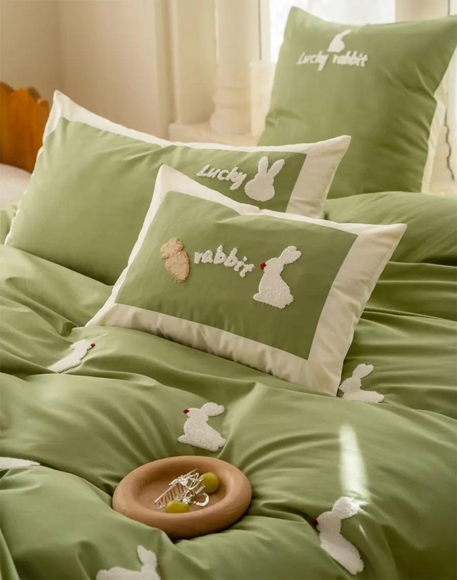 YOUMIKA  -  Cute cartoon embroidery rabbit green bed set,twin full queen king lovely cotton home textile bed sheet pillow case quilt cover