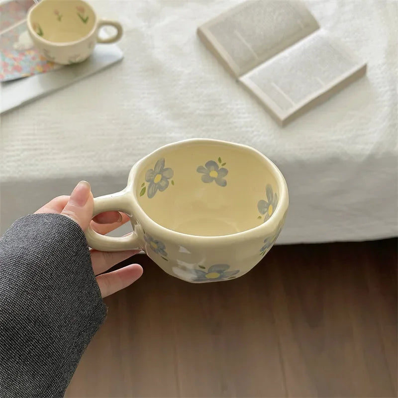 YOUMIKA  -  Vintage Rough Pottery Hand Drawn Korean Style Flower Bud Hand Pinched Ceramic Coffee Cup Breakfast Oatmeal Fruit Handle Cup