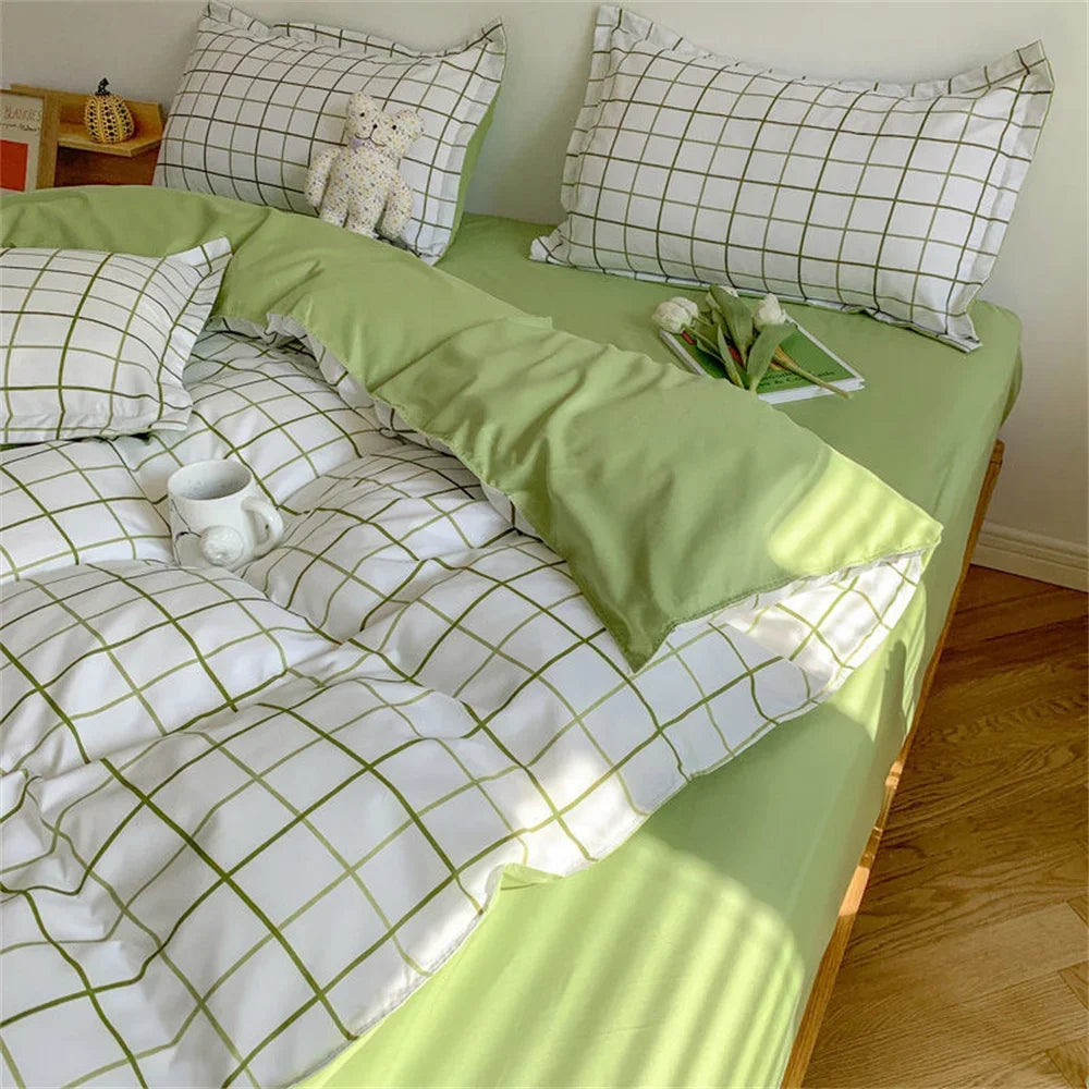 YOUMIKA  -  Ins Green Grid Bedding Set Bed Linen Nordic Lattice Duvet Cover For Adults Boys Bedspread Flat Sheet Simple Single Quilt Cover