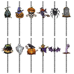 YOUMIKA  -  24pcs Halloween Paper Straws With Spider Bat Witch Skeleton Ghost Card Halloween Party Cocktail Drinking Straws Halloween Decor