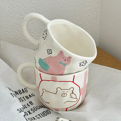 YOUMIKA  -  Korean Cute Healing Little Bear Pinching Irregular Ceramic Mug Couple Coffee Cup Coffee Mug