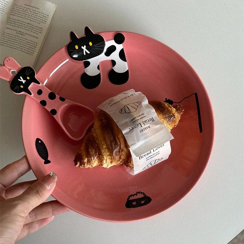 YOUMIKA  -  Korean Polka Dot Black Cat Ceramic Gift Tableware Underglaze Color Household Dining Plate Bowl Coffee Water Cup