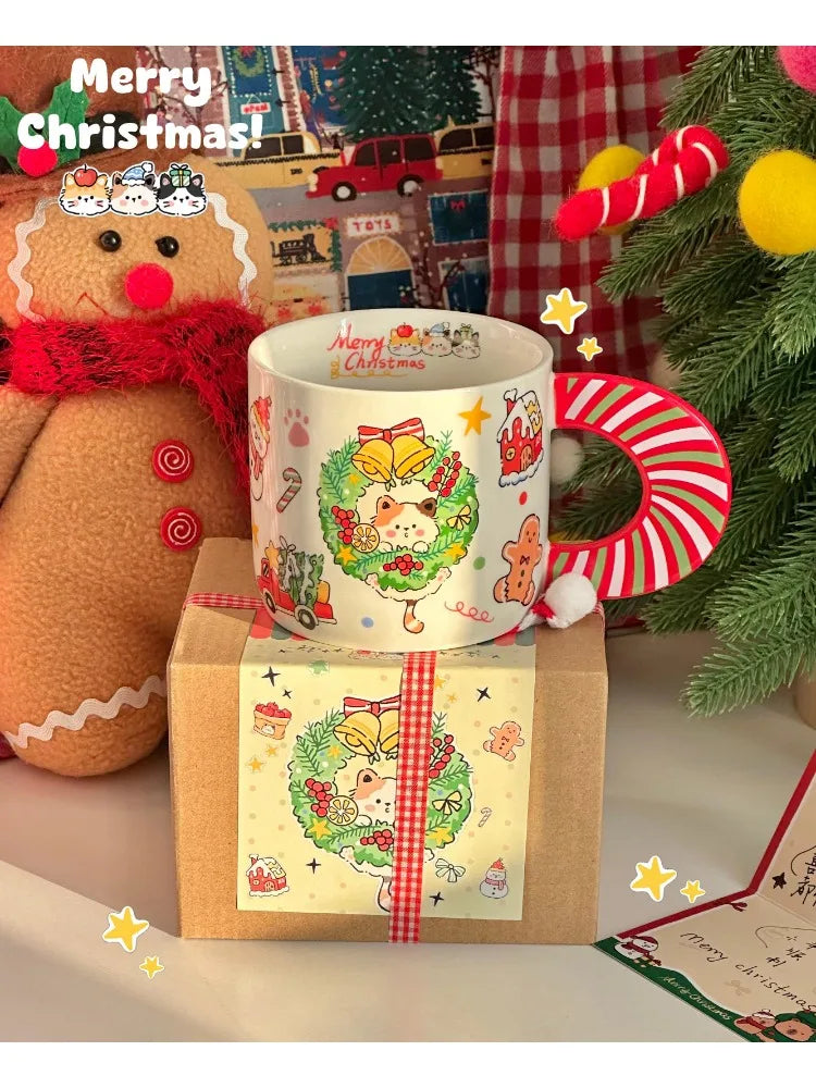 YOUMIKA  -  Christmas Cat Ceramic Mug Underglaze Breakfast Milk Water Cup Christmas Day Winter Gift Cup