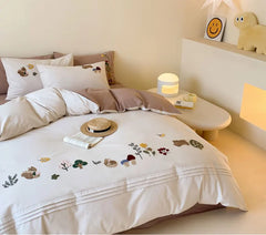 YOUMIKA  -  Cute cartoon embroidery squirrel rabbit bear bedding set,full queen king cotton home textile bed sheet pillow case duvet cover