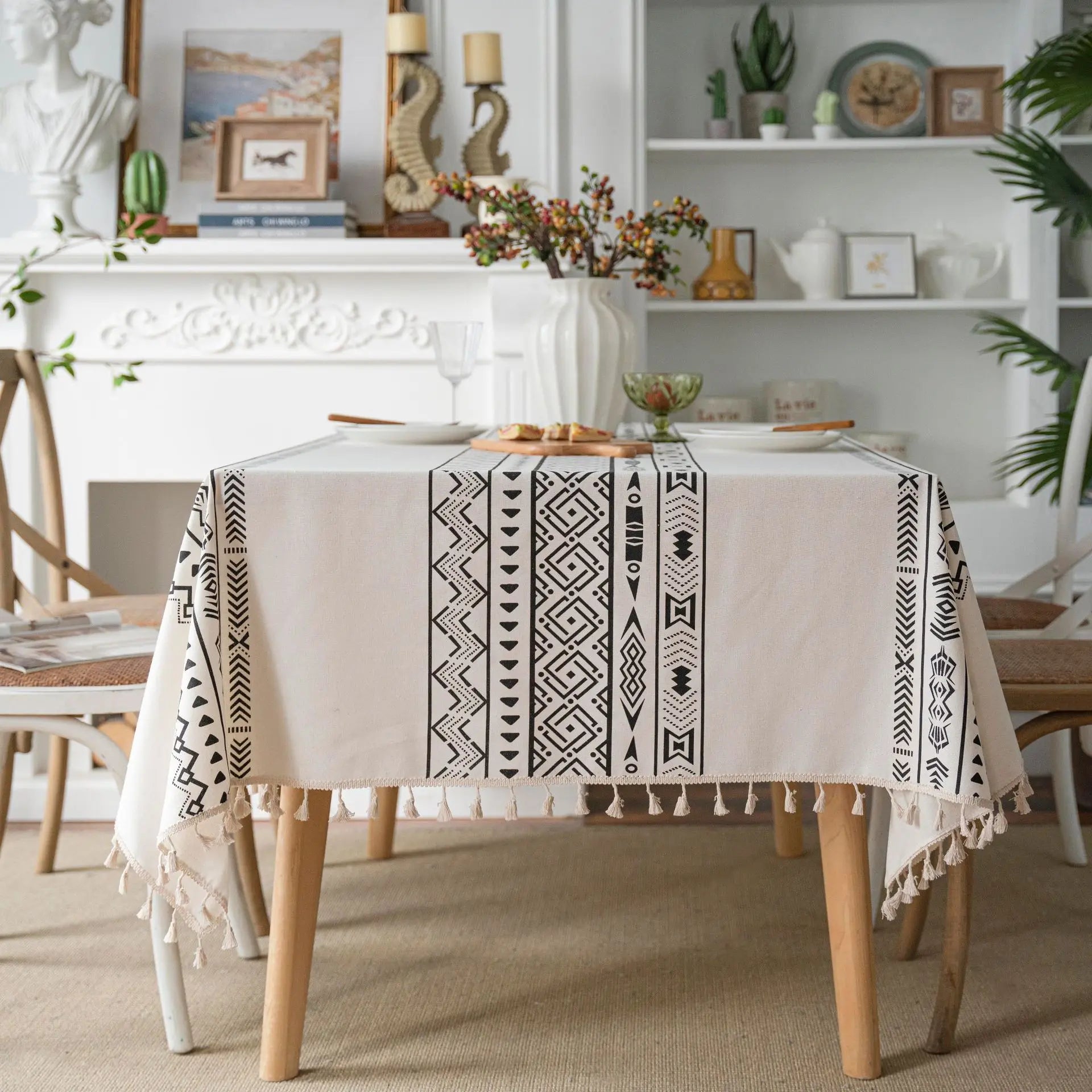 YOUMIKA  -  Cotton Linen Geometry Tablecloth, Tea Table Decoration, Rectangle Table Cover, White Tassel, Kitchen, Wedding, Dining Room