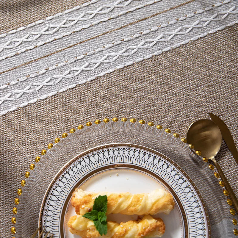 YOUMIKA  - Polyester Cotton Stripe Tablecloth, Crochet Hollowed Out, Jacquard Weave, Broom Tassels, Tablecover, American Rural Style