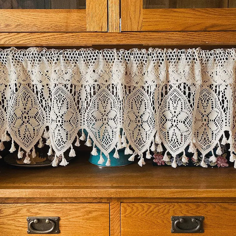 YOUMIKA  -  Rustic Crochet Pocket Lace Curtains with Tassel for Window, Sheer Valance, Cotton Lace, Farmhouse, Home Decor, Kitchen