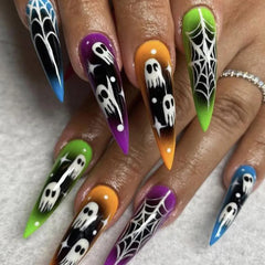 YOUMIKA  -  24pc Halloween Press on Nails Gradient Ghost Spider Web False Nails Long Ballerina French Nail Detachable Full Over Nail Art Tip