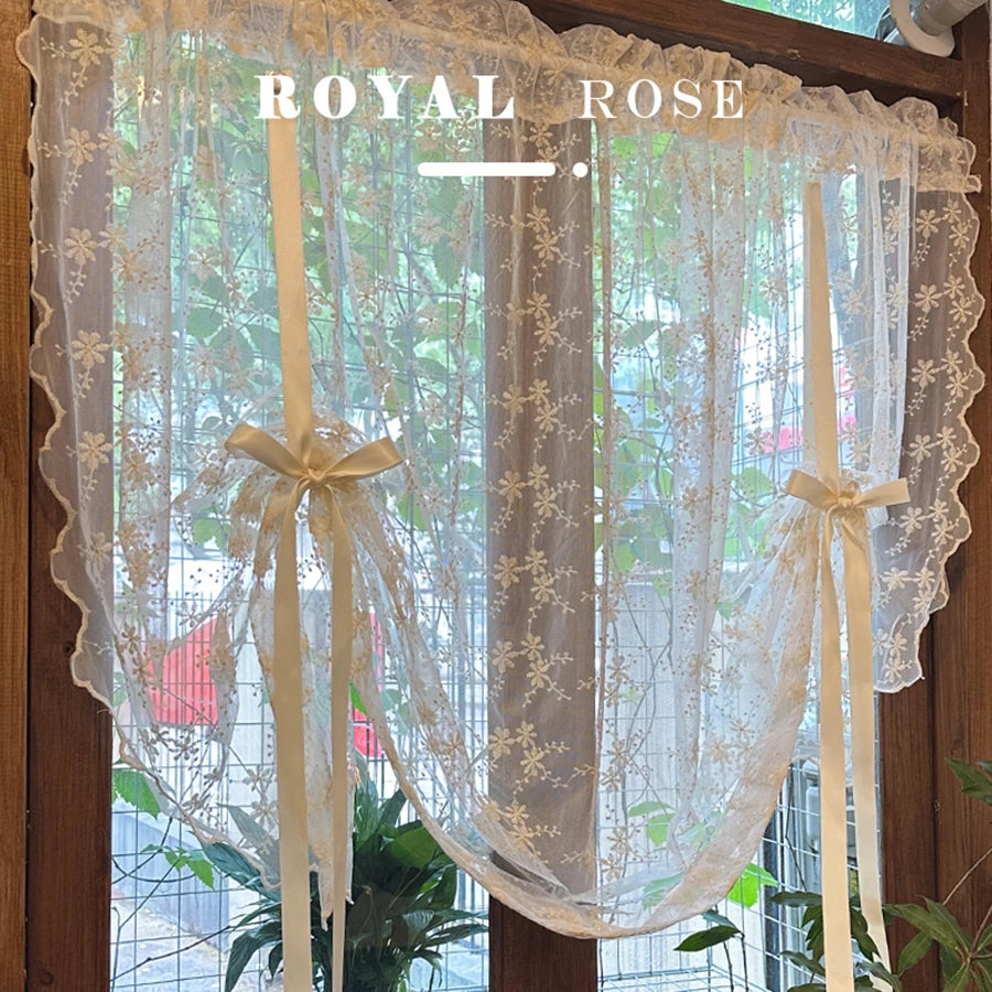 YOUMIKA  -  Lace Lifting Curtain with Ribbon Floral Beige ,Romantic Style For Kitchen Balcony Small Window ,Embroidery Window Screen Curtain