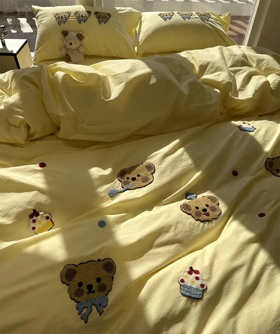 YOUMIKA  -  Cute embroidery bear yellow bedding set teen,twin full queen king kawaii cotton home textile bed sheet pillow case quilt cover