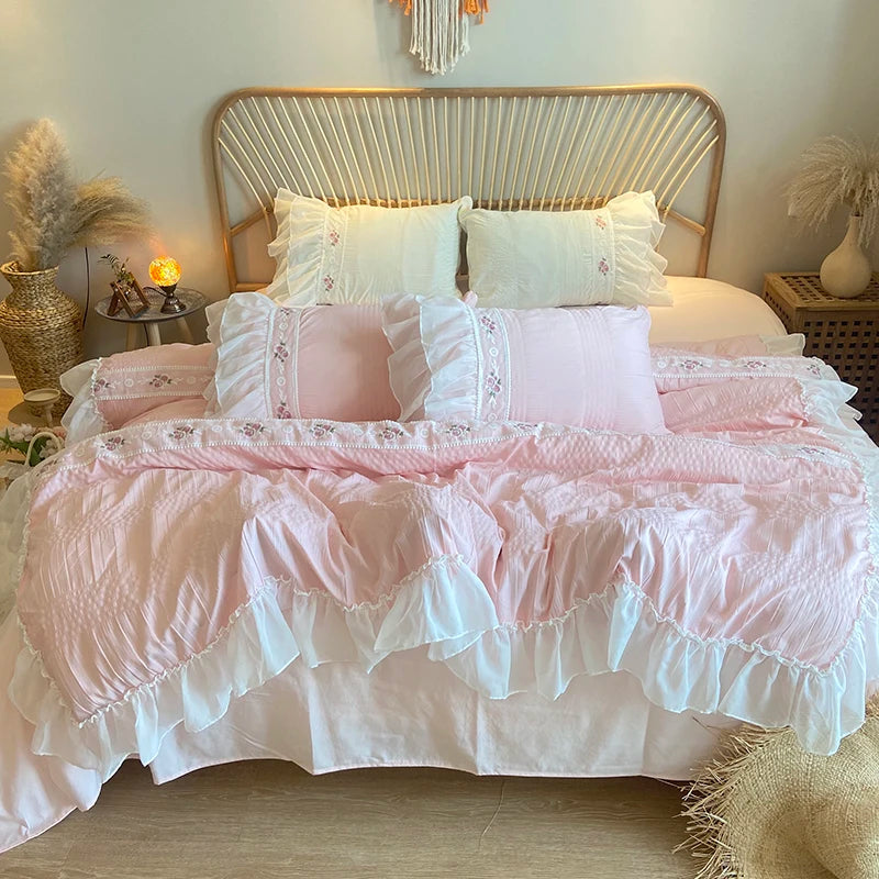 YOUMIKA  -  Pink Korean Princess Style Lace Ruffles Wedding Bedding Set Seersucker Washed Cotton Soft Duvet Cover Set Bed Sheet Pillowcases