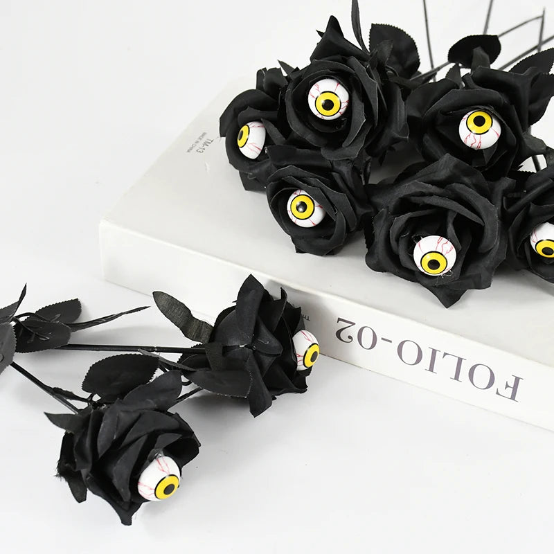 YOUMIKA  -  1/5pcs Halloween Artificial Black Rose With Eyeball Fake Flower Bouquet Halloween Party Horror Props Home Decoration DIY Craft