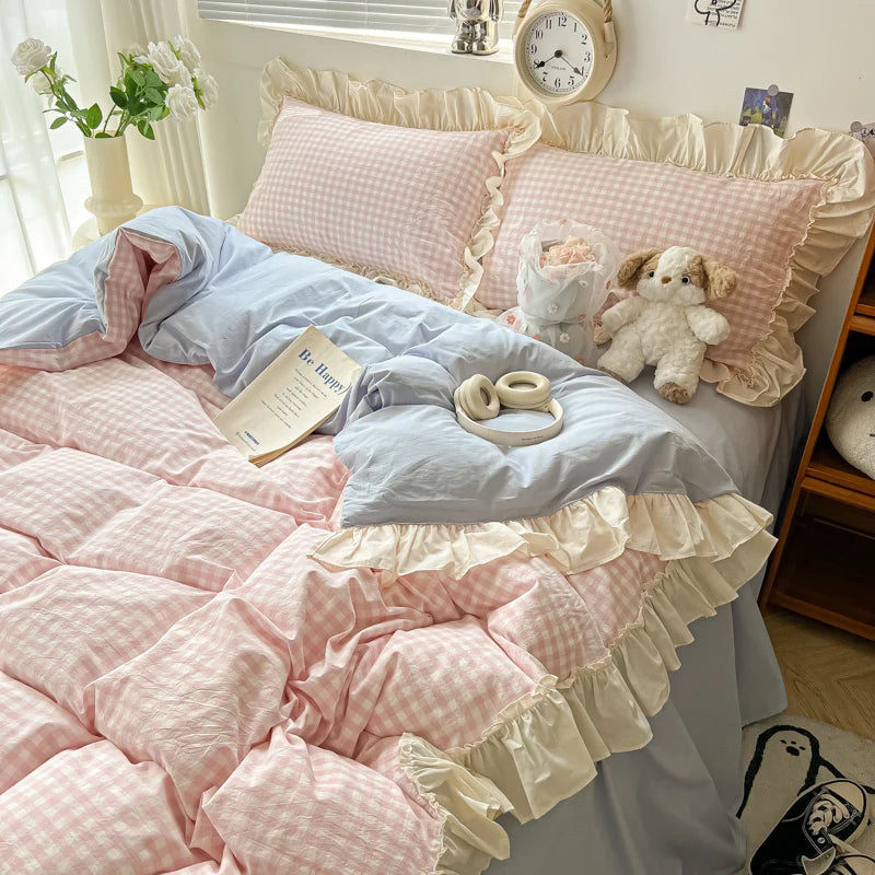 YOUMIKA  -  Bed Sheets Set Ruffles Duvet Cover Pillowcase with Sheets Plaid Style Quilt Cover Set Home Bedding Bed Linen Set