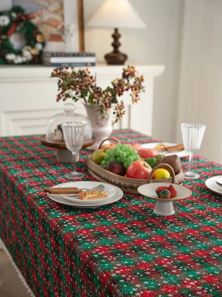 YOUMIKA  -  Christmas Tablecloth Green Plaid Snowflake Cotton Linen Rectangular Table Cover New Year Gifts Dining living room Table Decor