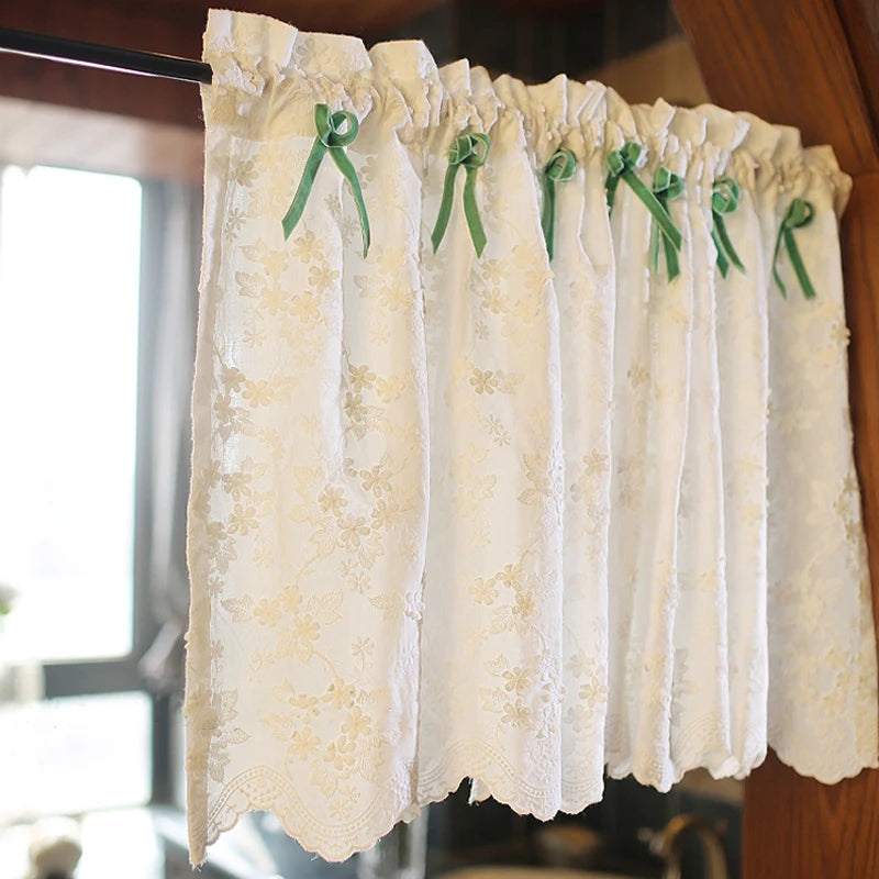 YOUMIKA  -  White Floral Lace Sheer Curtain Valances Rod Pocket Window Voile Semi Sheer Drapes for Bedroom Kitchen Short Curtains Home Decor