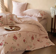 YOUMIKA  -  Romantic sweet embroidery flower rose red bedding set,full queen king 100s cotton home textile bed sheet pillow case duvet cover