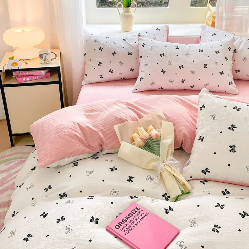 YOUMIKA  -  Ins Black Bowknot Bedding Set Pink Bed Flat Sheet Duvet Cover Twin Full Queen Princess Style Bed Linen Girls Quilt Cover