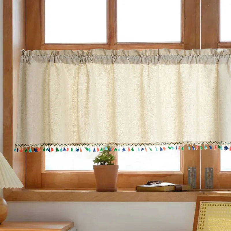 YOUMIKA  -  Boho Kitchen Valance Farmhouse Tier Window Short Curtain with Colorful Tassels for Bathroom, Living Room, Farmhouse, Bedroom