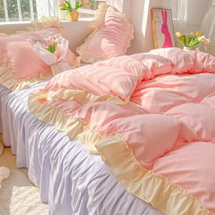 YOUMIKA  -  Princess Korean Style Bedding Set Aesthetic Queen Full King Size Solid Color Double Bed Bedspread Sheets Ruffled Duvet Cover Set