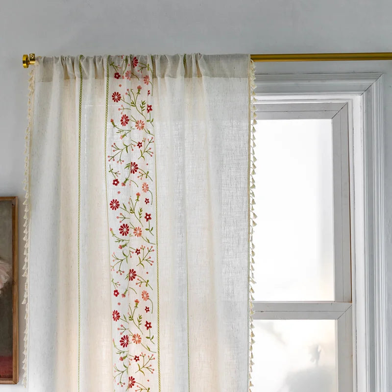 YOUMIKA  -  Boho Floral Embroidered Window Curtain Semi-Blackout Curtains Rod Pocket Light Filtering Drapes for Living Room Bedroom Farmhous