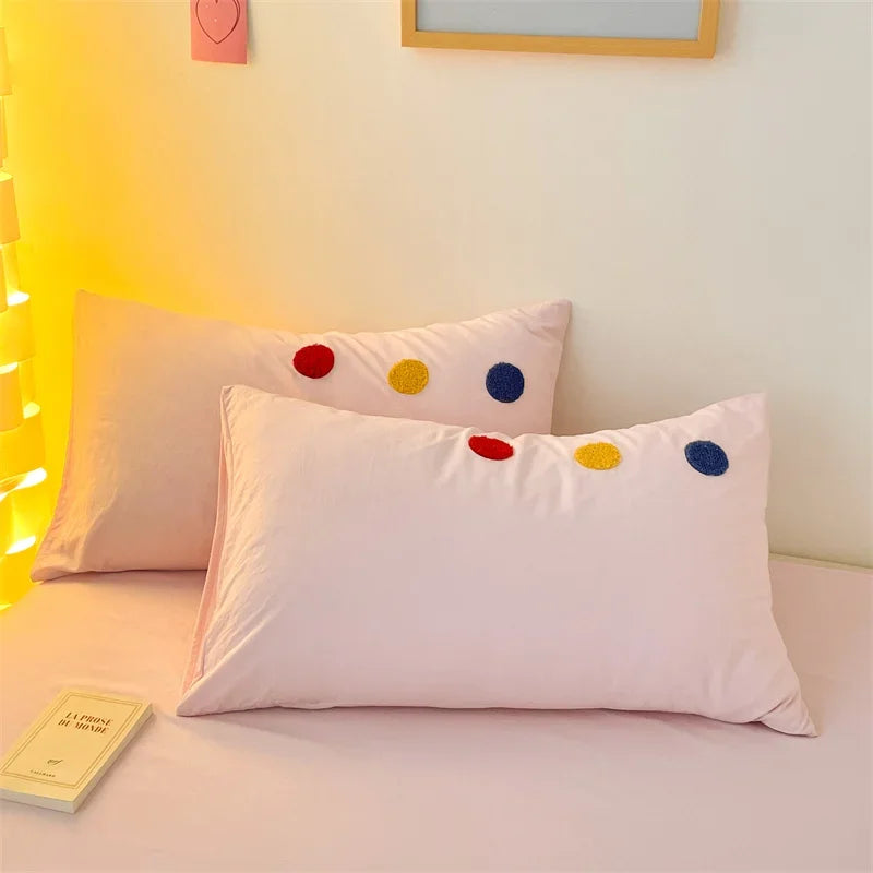 YOUMIKA  -  INS Pink Bedding Set Solid Color Soft Bed Flat Sheet Pillowcase Adults Kids Single Twin Full Queen Size Cute Dots Duvet Cover