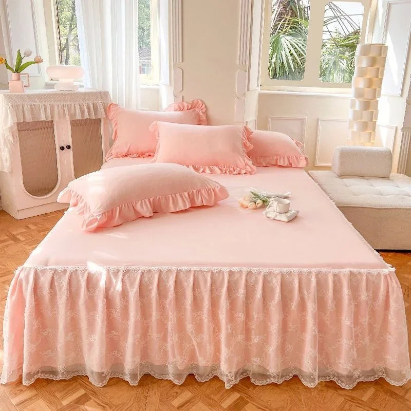 YOUMIKA  -  3PCS Lace Skirt Bedding Bed Princess Beige Lace Bed Skirt And Pillowcase Bed Cover Bedspread Bed Sheet Anti Slip Protective