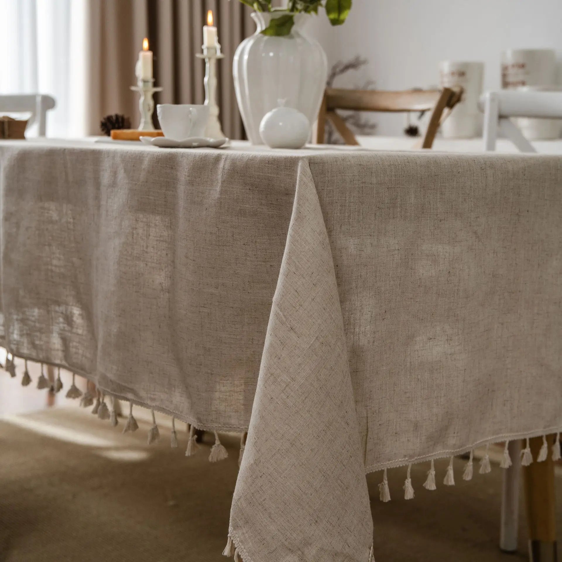 YOUMIKA  -  Polyester Flax Tablecloth for Outdoor Picnics, Monochrome Tablecloth, Broom Tassels, American Rural Styles, Pastoral Style