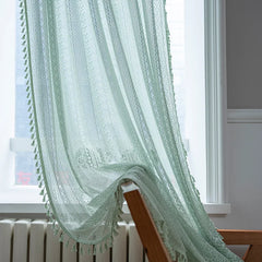 YOUMIKA  -  Farmhouse Cotton Crochet Lace Window Curtain 1 Panel with Tassels Rod Pockets Semi Sheer Hollow Curtains for Bedroom Living Room